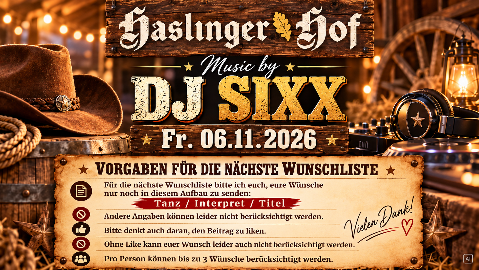 DJ SIXX Country Wunschliste Haslinger Hof 06.11.2026